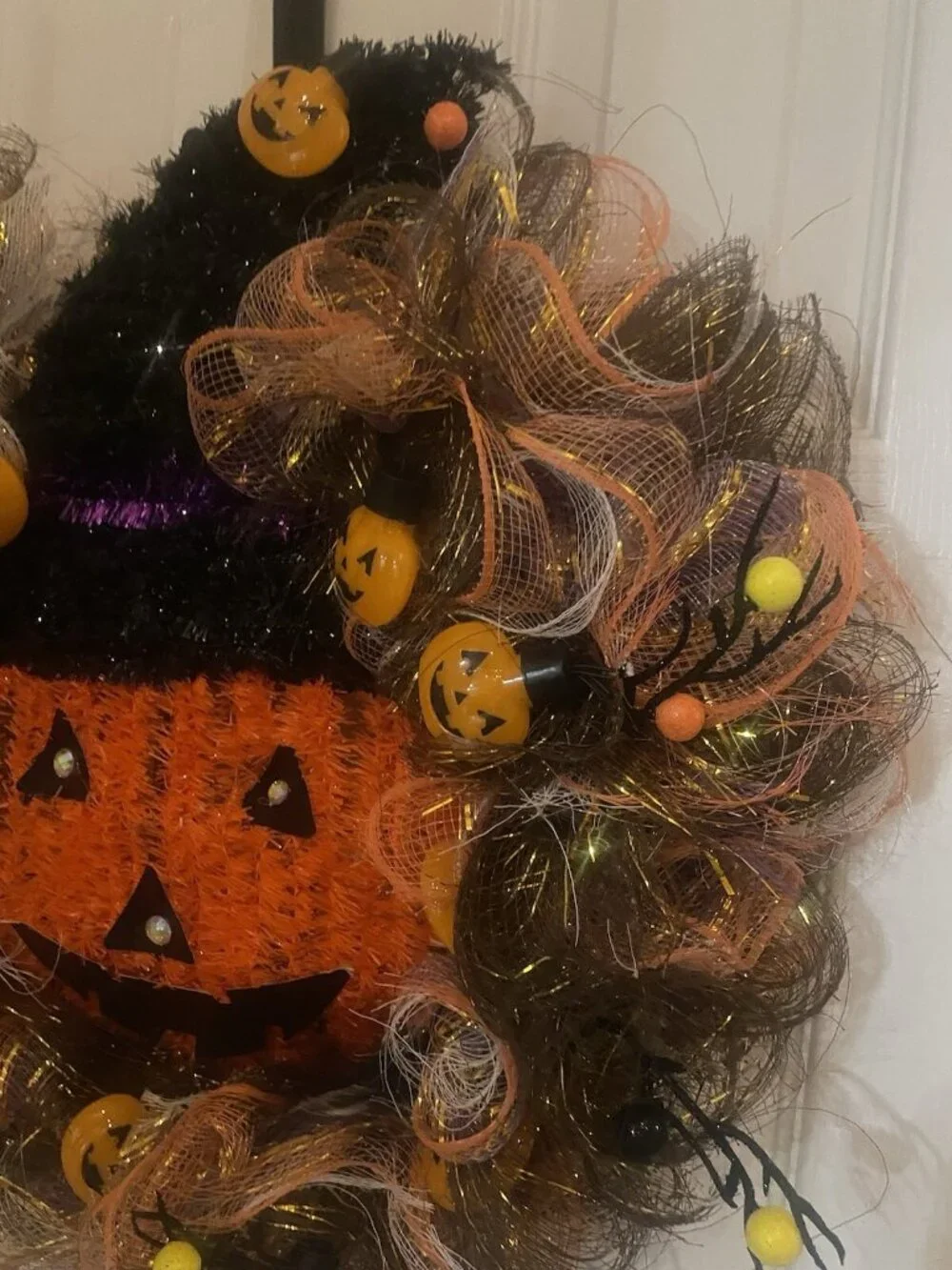 Halloween Deco Mesh Wreath Handmade Pumpkin, Purple Orange  Wall Decor Door 18”